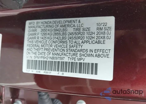 2022 Honda Pilot Awd Special Edition z USA, uszkodzony, nr VIN 5FNYF6H21NB097597